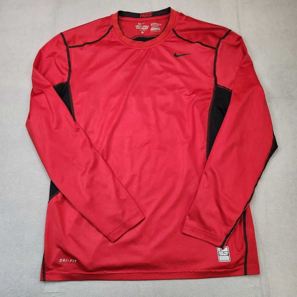 Nike Pro Combat Shirt Men's L Red Long Sleeve Fitted Dri-Fit Performance Vented
